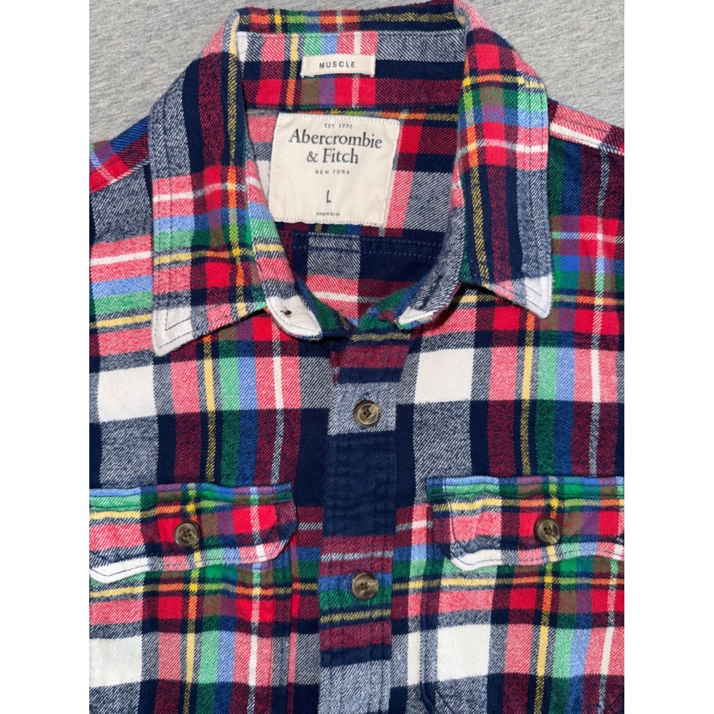 Abercrombie & Fitch Mens Muscle Fit Red Plaid Flannel Shirt Size Large Workwear